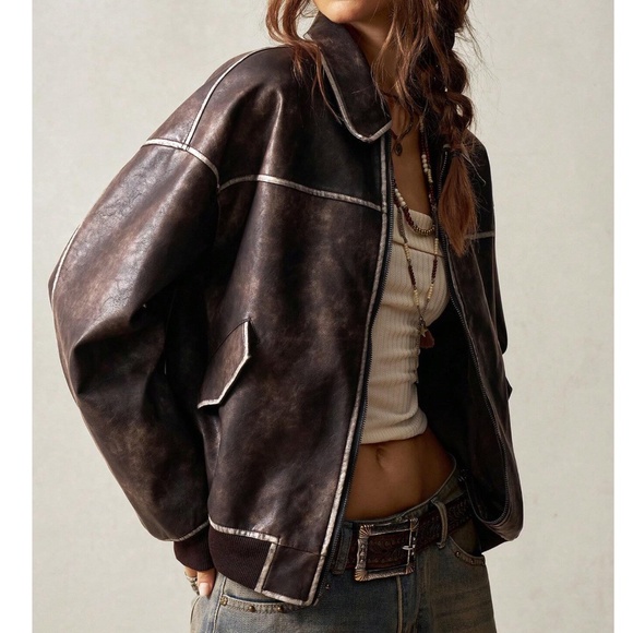 Luxe Brown Vegan Leather Zip up Oversized jacket Coat - Picture 6 of 8